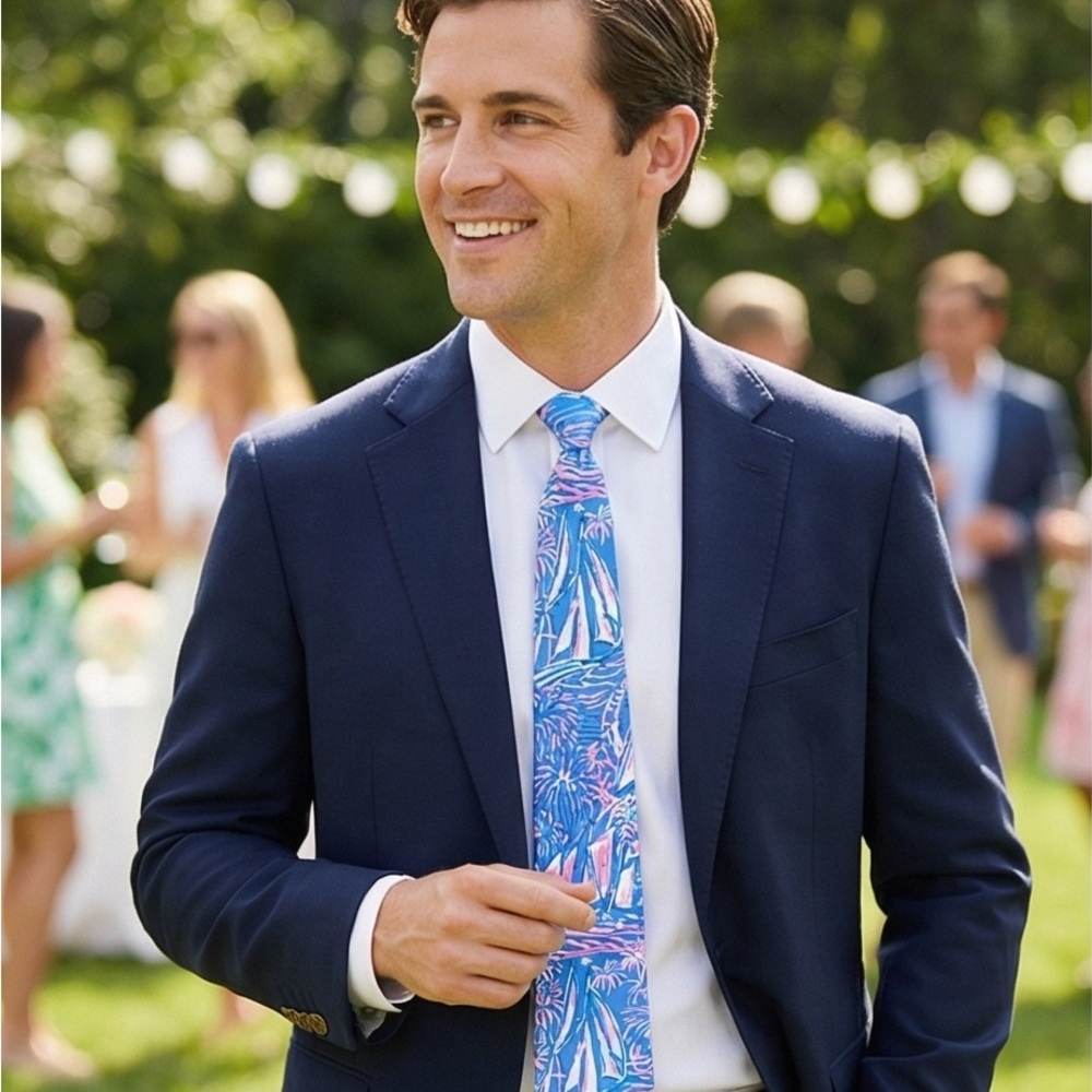 Navy Men's Suit Jacket with White Shirt and Blue Floral Tie